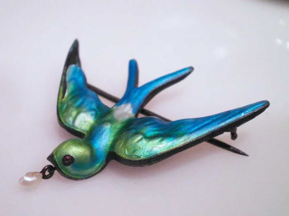 Antique Sterling  Enamel Bird Pin  Pearl &  Jewel… - image 2