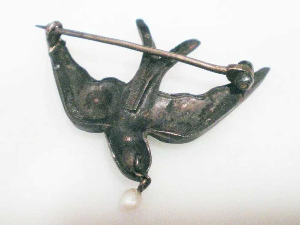 Antique Sterling  Enamel Bird Pin  Pearl &  Jewel… - image 4