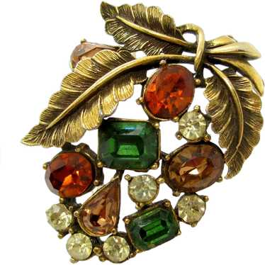 Vintage Autumn Colors Rhinestone Leaf Pin Brooch