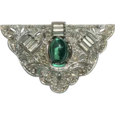 Art Deco Dress / Fur Clip with Emerald Colored Ca… - image 1