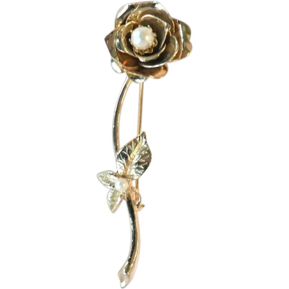 Long Stem Gold Plate Rose Brooch with Faux Pearls - image 1