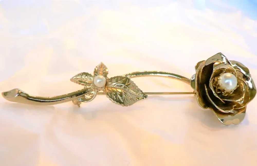 Long Stem Gold Plate Rose Brooch with Faux Pearls - image 2