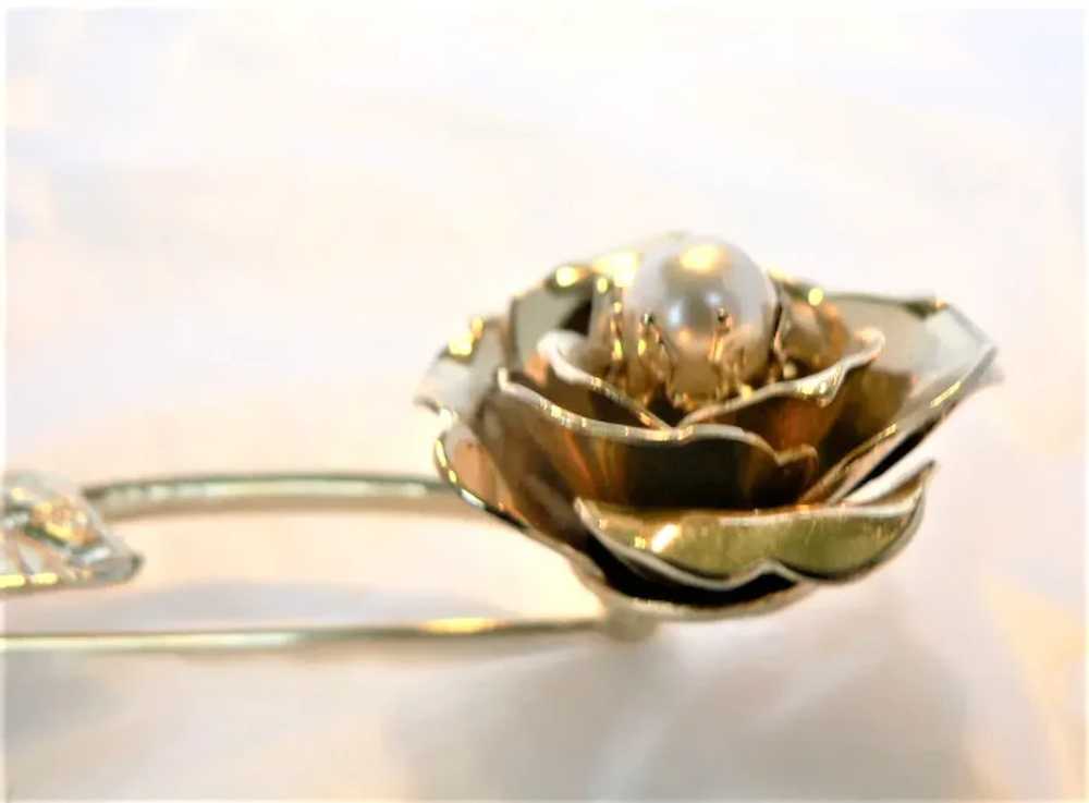Long Stem Gold Plate Rose Brooch with Faux Pearls - image 3