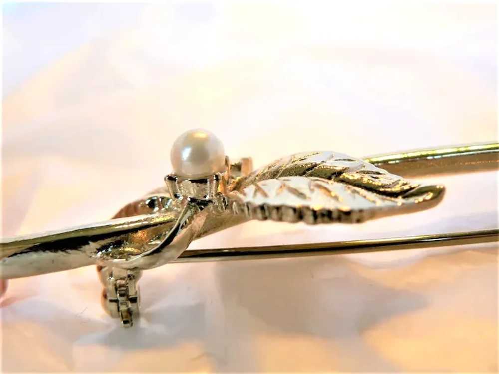 Long Stem Gold Plate Rose Brooch with Faux Pearls - image 4
