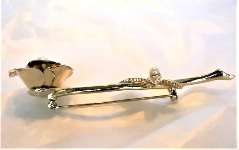 Long Stem Gold Plate Rose Brooch with Faux Pearls - image 5