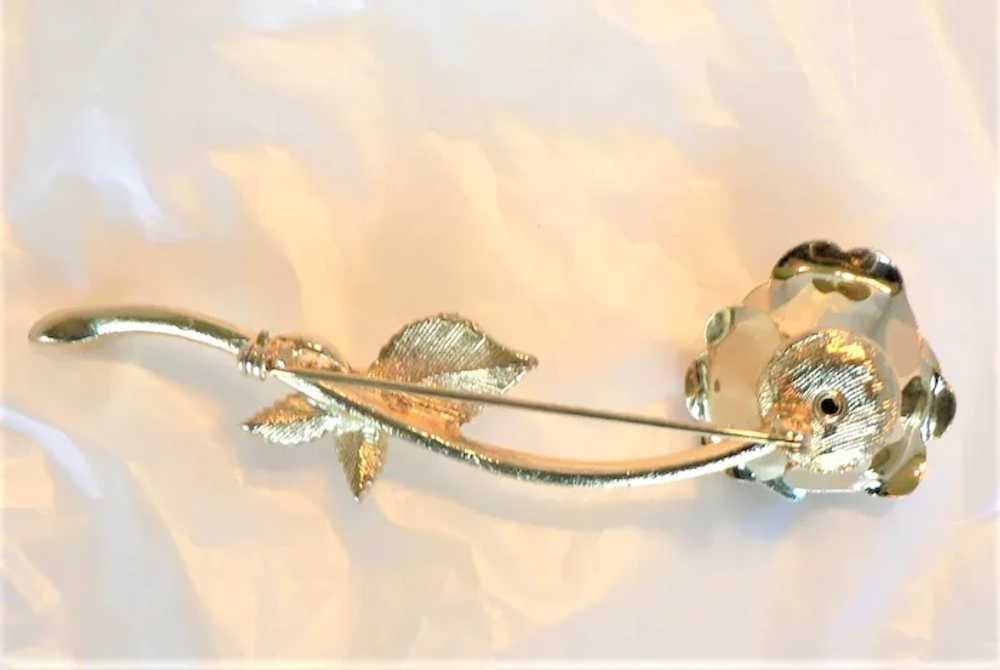 Long Stem Gold Plate Rose Brooch with Faux Pearls - image 6
