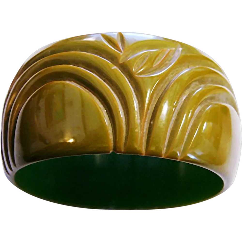 ART DECO Wide 1-3/8" Carved GORGEOUS DUSTY OLIVE … - image 1