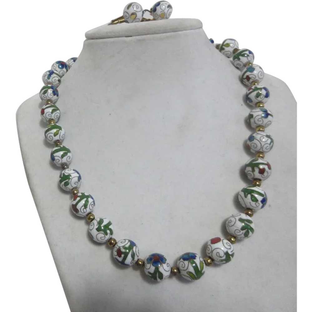 Cloisonne Bead Necklace with Matching Clip On Ear… - image 1