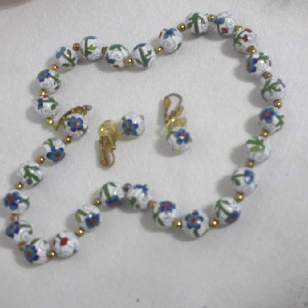 Cloisonne Bead Necklace with Matching Clip On Ear… - image 3
