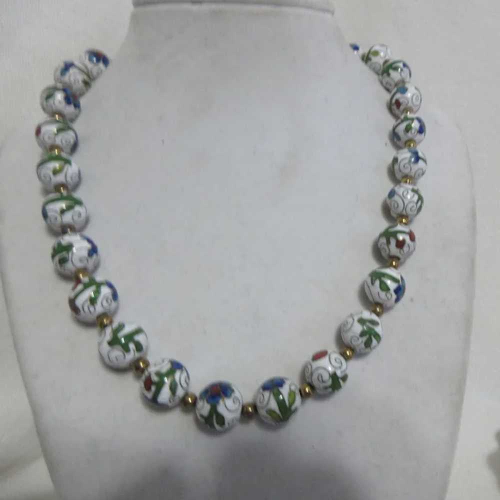 Cloisonne Bead Necklace with Matching Clip On Ear… - image 4