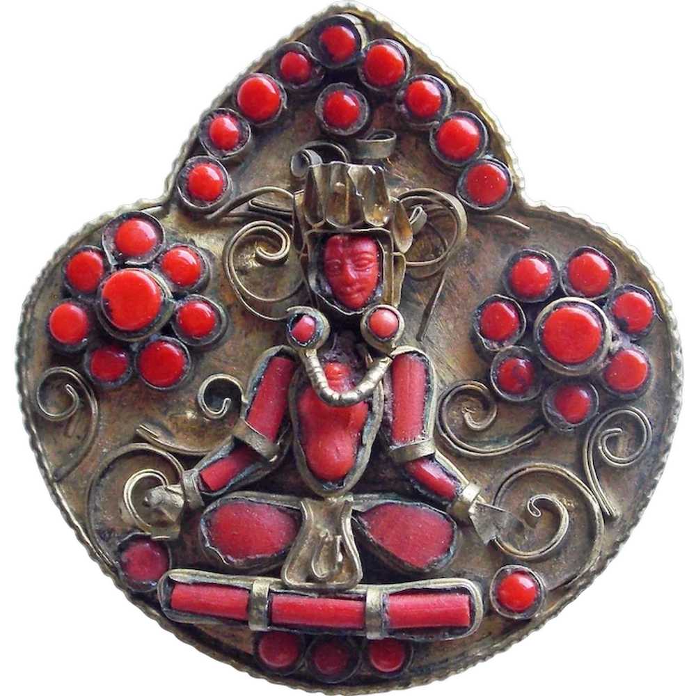 Seated Figure Exotic Faux Coral Vintage Brooch - image 1