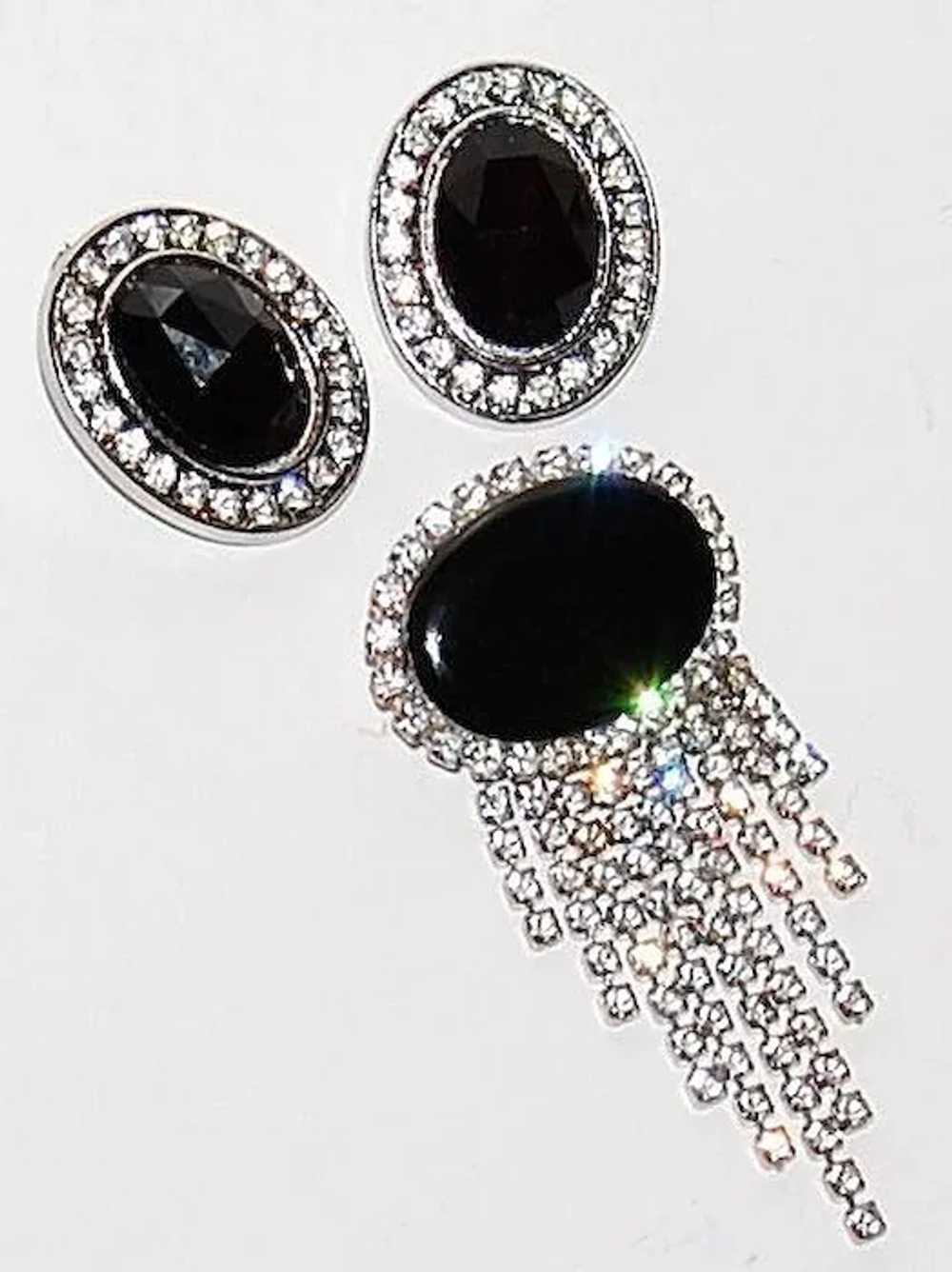 1950/60s Faux Onyx & Rhinestone Earrings/Pin Set - image 1