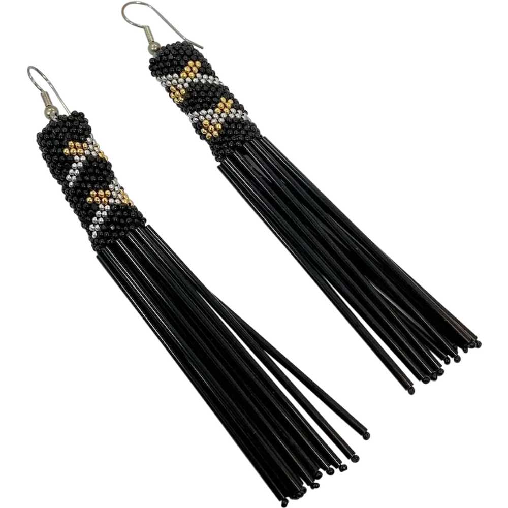 Black Earrings, Unique, 4 1/2" Long, Glass Beads,… - image 1