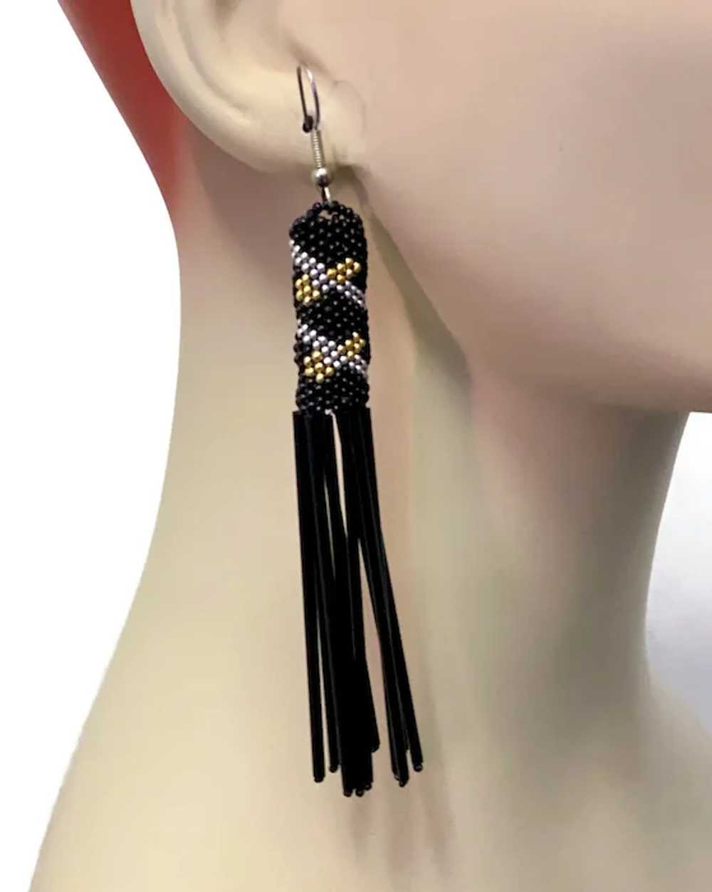 Black Earrings, Unique, 4 1/2" Long, Glass Beads,… - image 2
