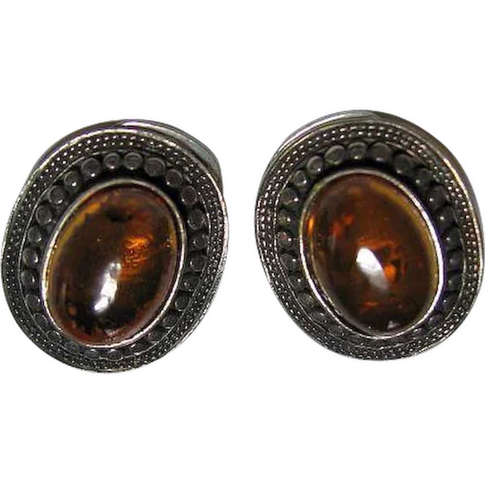 Vintage Sterling Silver 925 Baltic Amber Cabochon… - image 1