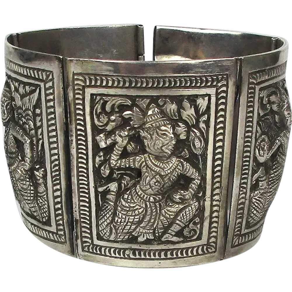 Antique Ethnic Silver Panel Bracelet Repousse Bur… - image 1