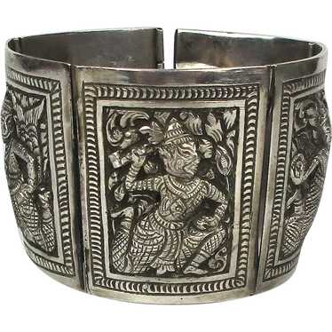 Antique Ethnic Silver Panel Bracelet Repousse Bur… - image 1