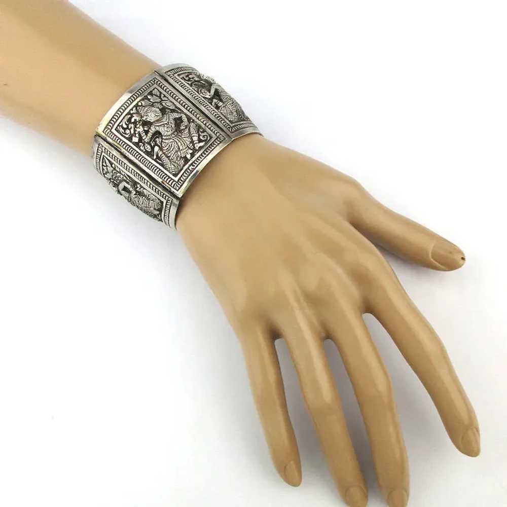 Antique Ethnic Silver Panel Bracelet Repousse Bur… - image 3