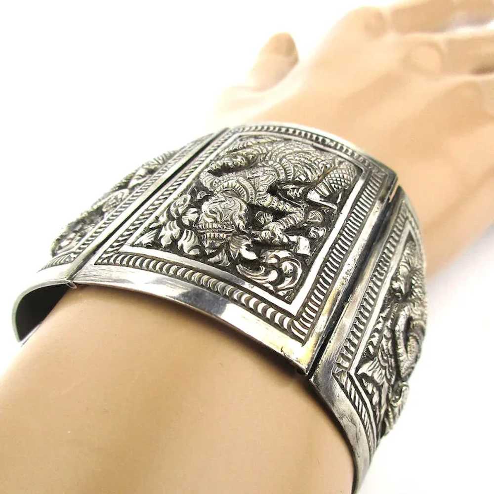 Antique Ethnic Silver Panel Bracelet Repousse Bur… - image 4