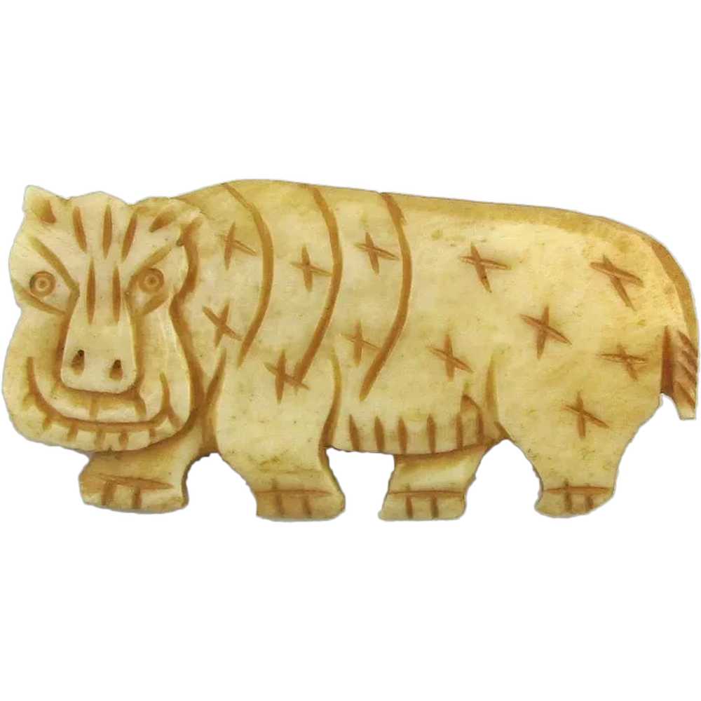 Hand-Carved Bone Vintage HIPPO Pin Brooch Beware … - image 1