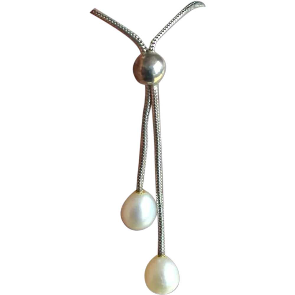 SILVER and Pearl Lariat Necklace - image 1