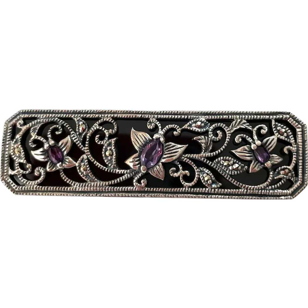 Silver, Marcasite and Amethyst Brooch Pin - image 1