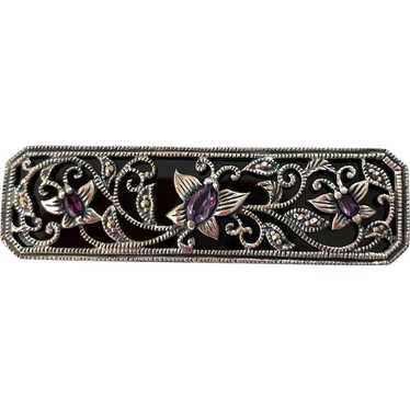 Silver, Marcasite and Amethyst Brooch Pin - image 1