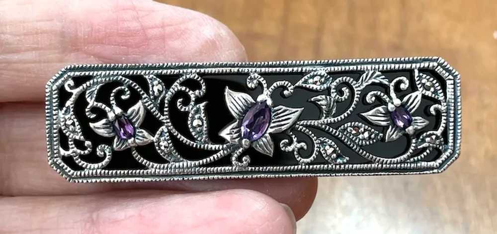 Silver, Marcasite and Amethyst Brooch Pin - image 2