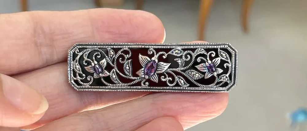 Silver, Marcasite and Amethyst Brooch Pin - image 6