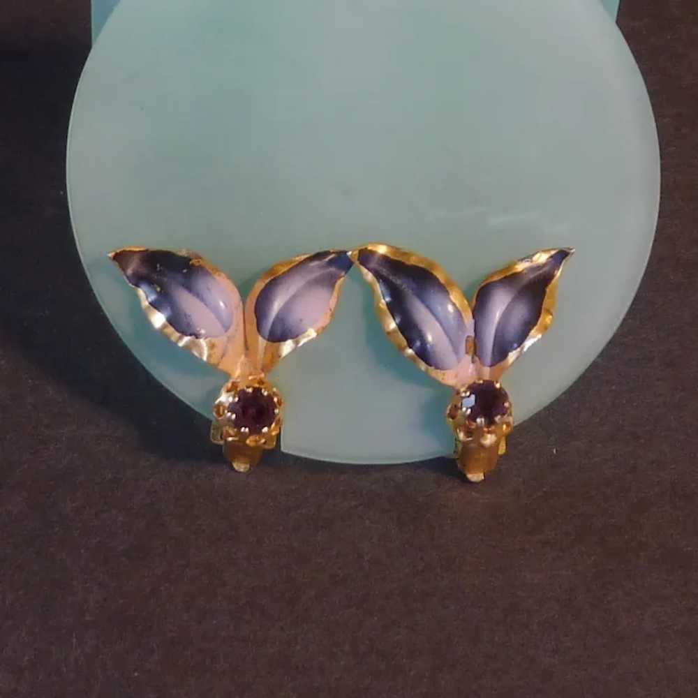 Purple / Pink Leaf Rhinestone Clip on Earrings - image 2