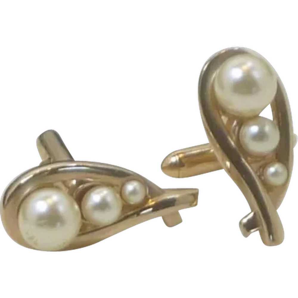 Swank Faux Pearl Gold Tone Cufflinks Cuff Links - image 1