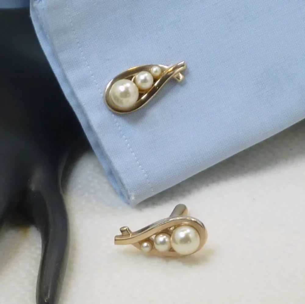 Swank Faux Pearl Gold Tone Cufflinks Cuff Links - image 3