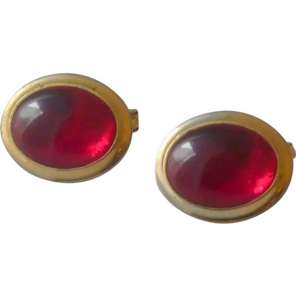 1950’s Gold Tone Red Thermal Plastic Stone Cuff L… - image 1