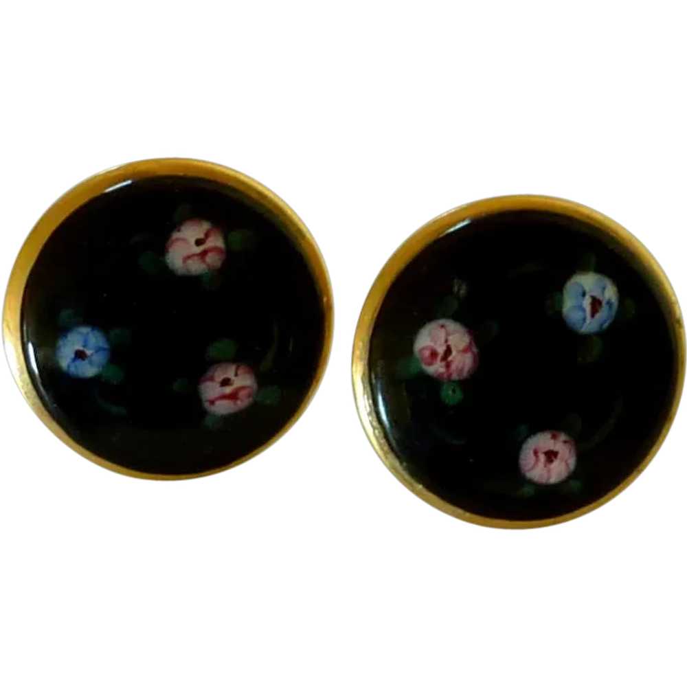 Gold Tone Black Enamel / Flowers Screw On Earrings - image 1