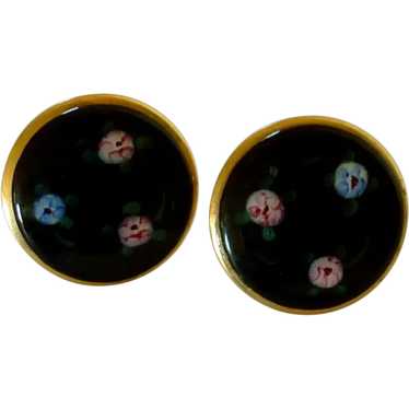 Gold Tone Black Enamel / Flowers Screw On Earrings - image 1