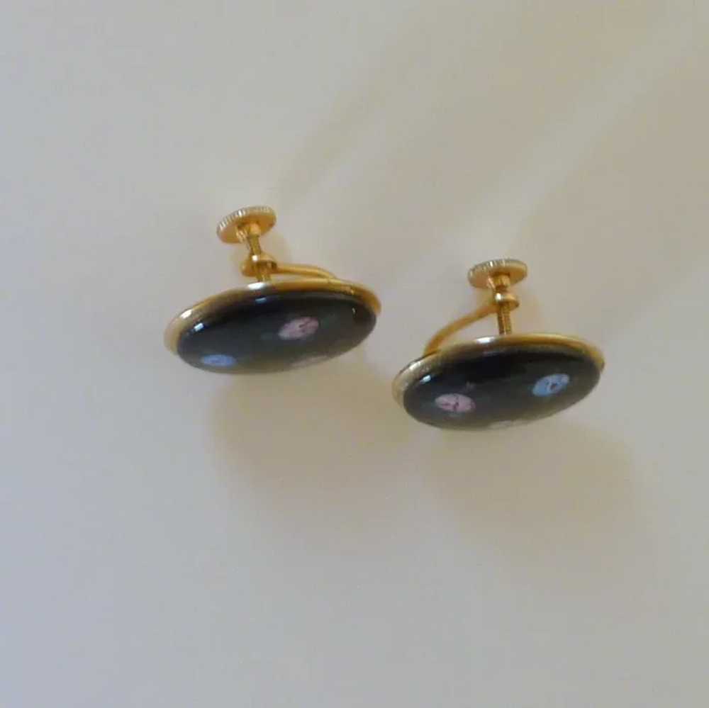 Gold Tone Black Enamel / Flowers Screw On Earrings - image 2