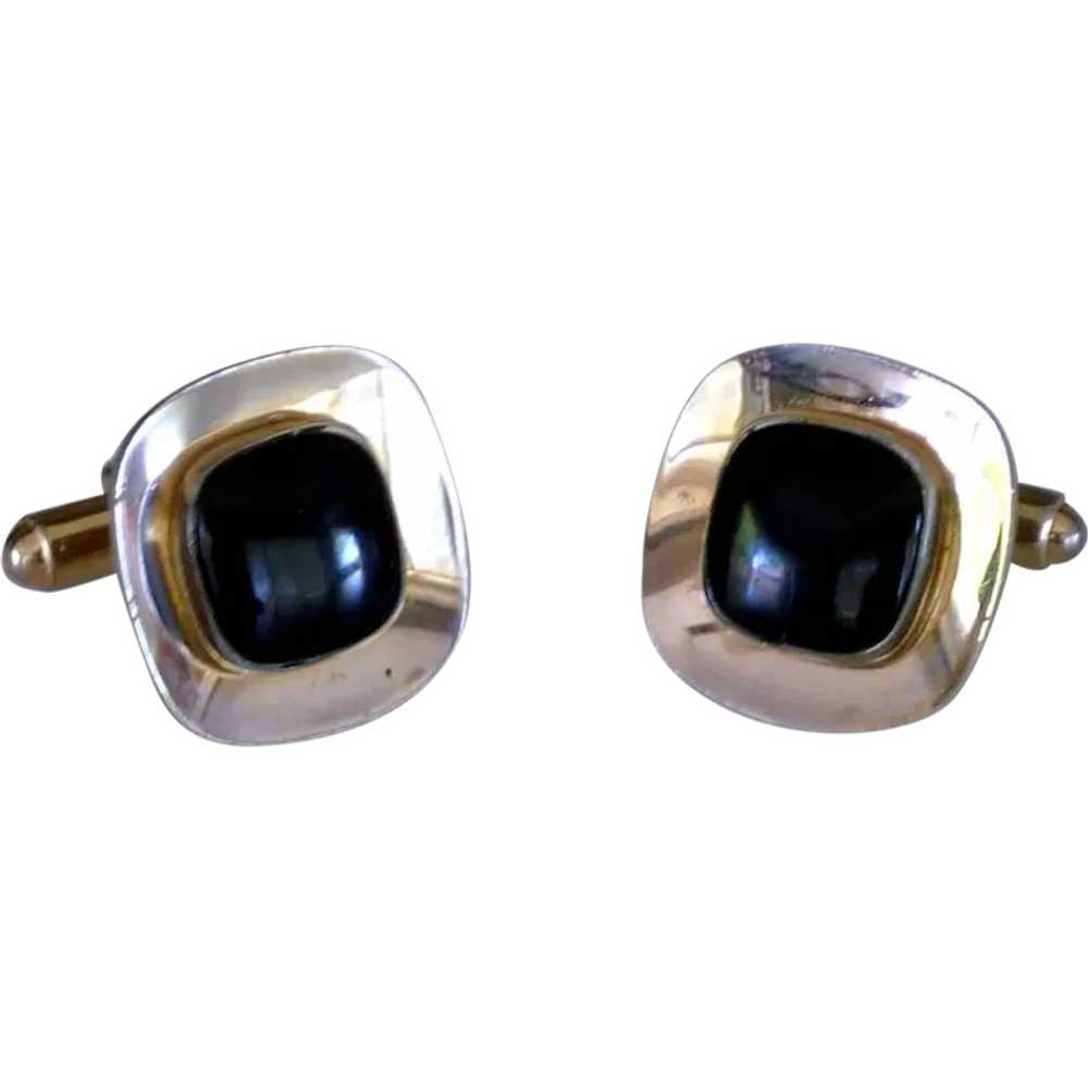 Simple Anson Gold Tone with Black Center Cufflink… - image 1