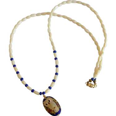 Mother Of Pearl Necklace with Cloisonne Owl Penda… - image 1