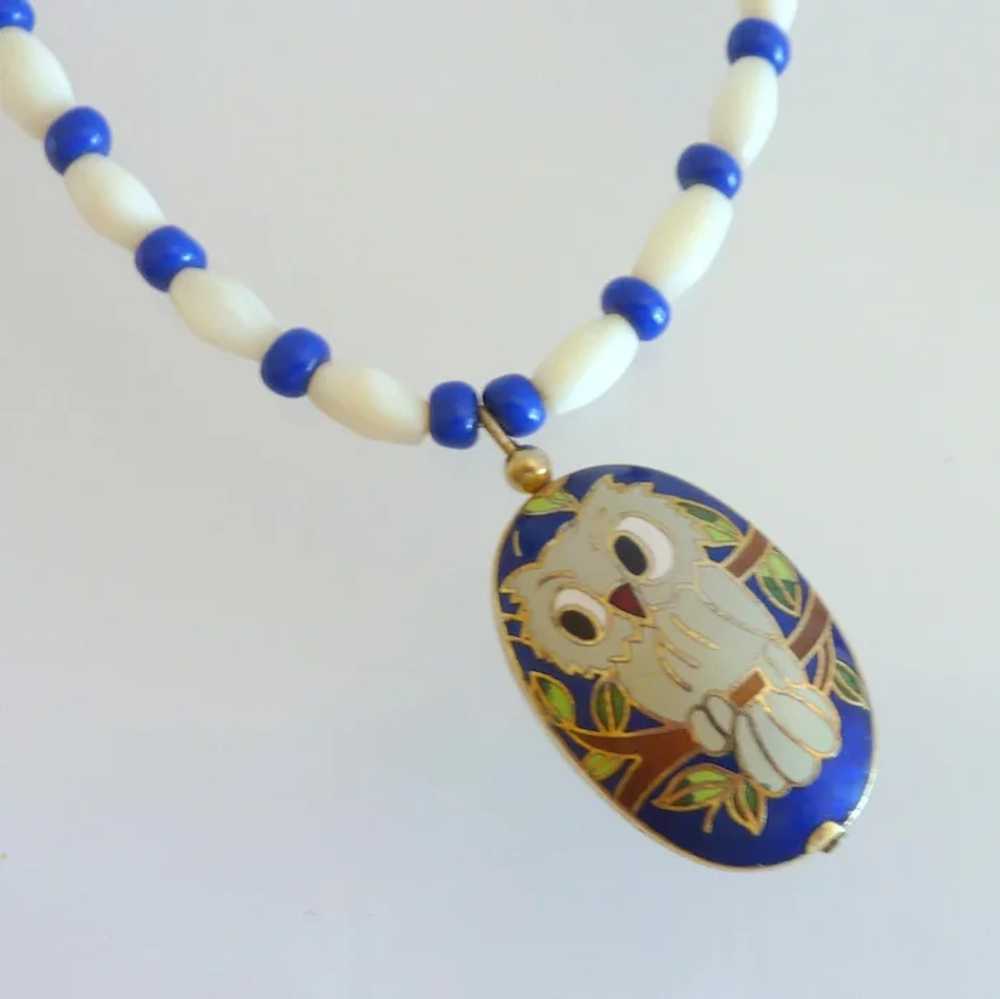 Mother Of Pearl Necklace with Cloisonne Owl Penda… - image 3