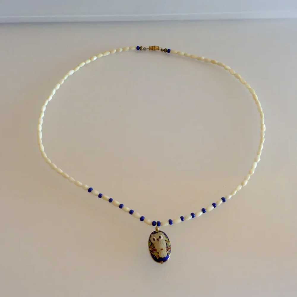 Mother Of Pearl Necklace with Cloisonne Owl Penda… - image 5