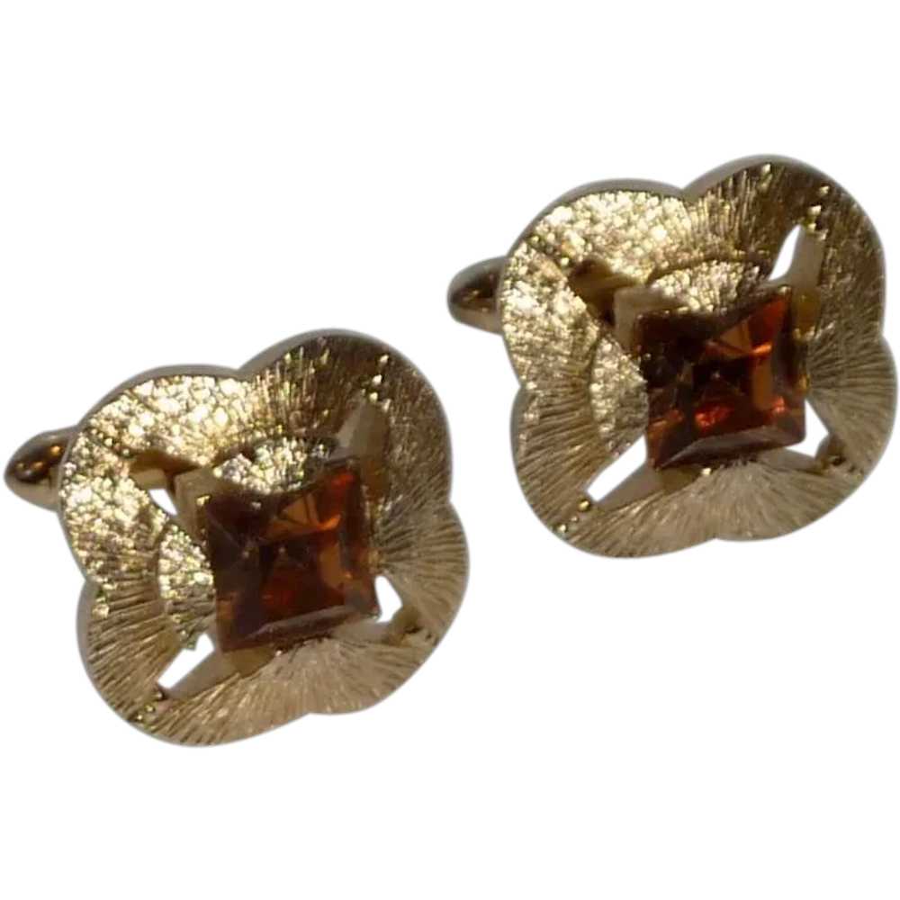 Gold Tone Large Amber Rhinestone Cufflinks Cuff L… - image 1