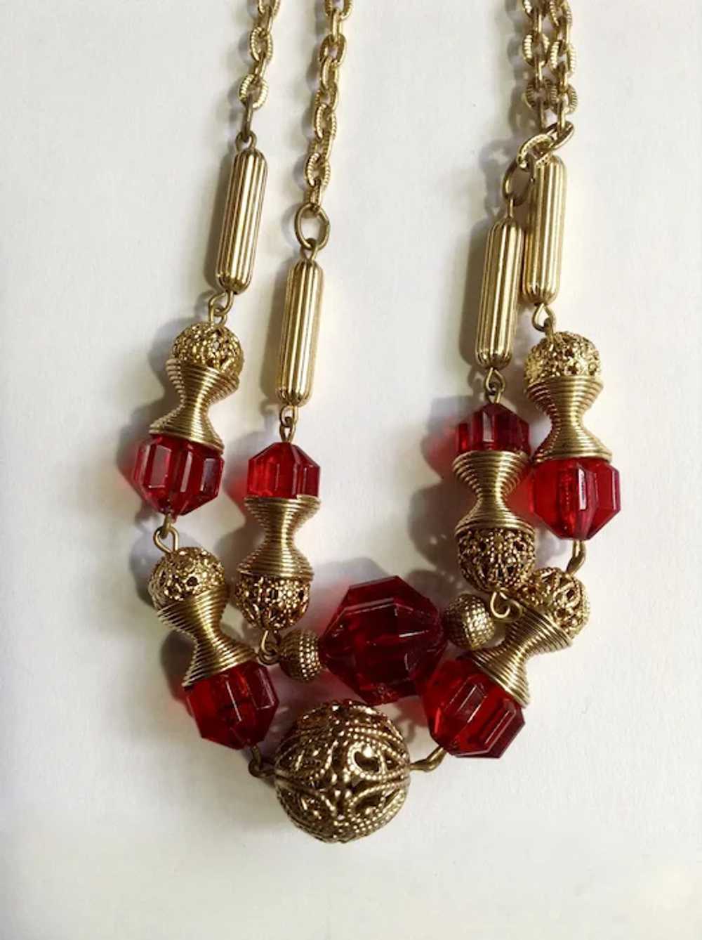 Nice Red and Gold-Tone Beaded Necklace Two Strand… - image 2