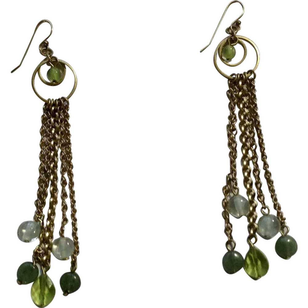 Dangling Gold-Tone Chains with Green Beads Hang f… - image 1