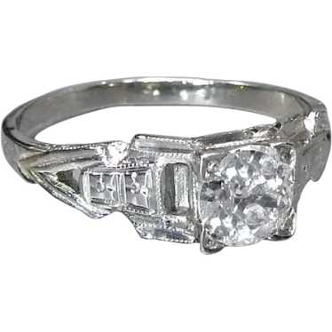 Art Deco Diamond Engagement Ring 18K White Gold w… - image 1