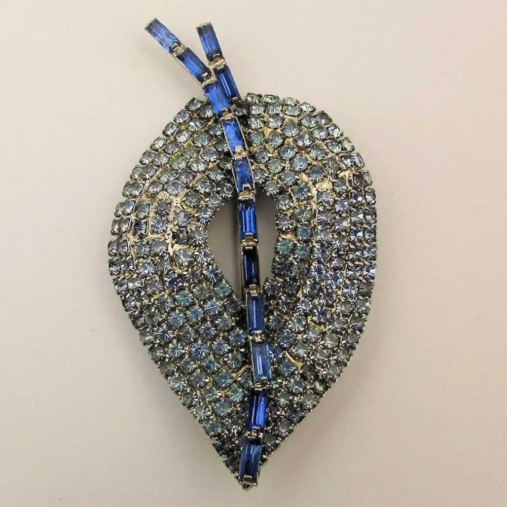 Big Blue Crystal Rhinestone LEAF Pin Brooch - image 2