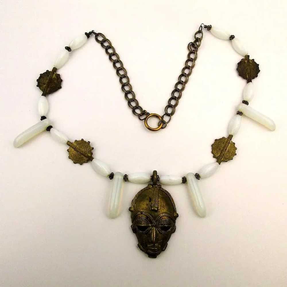 Vintage Tribal Necklace Opalescent Glass w/ Edgy … - image 2