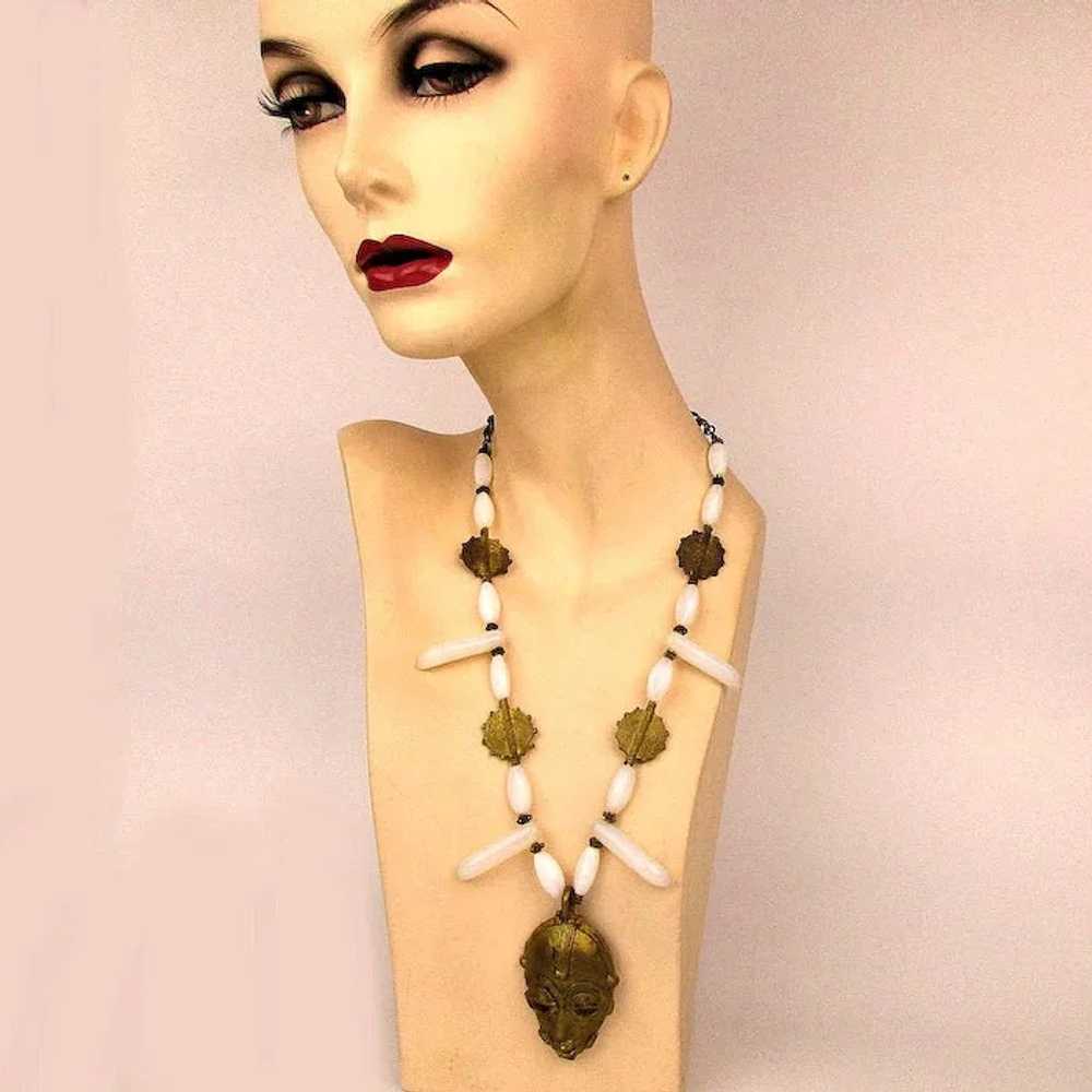Vintage Tribal Necklace Opalescent Glass w/ Edgy … - image 5