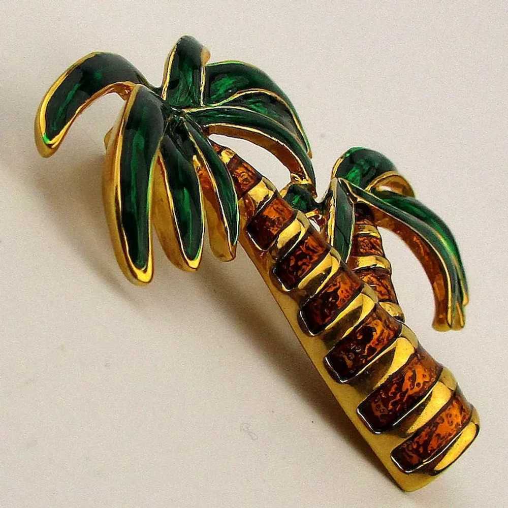 Small Vintage Goldtone Double Palm Tree Pin Embellished with Clear Crystals  and Green Enamel