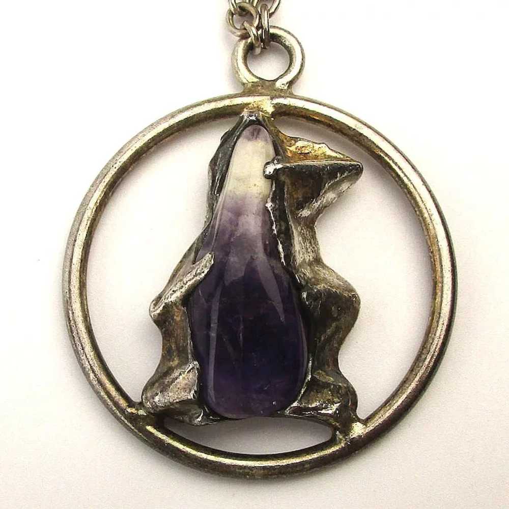 1970s Large Amethyst Stone Sterling Silver Pendan… - image 2