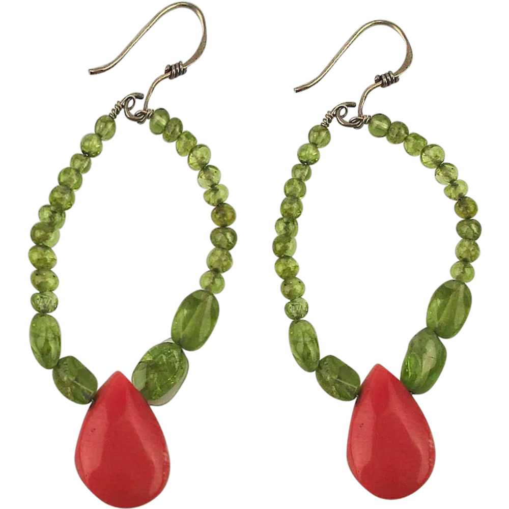 Pretty Peridot Beads w/ Coral Drop 925 Wired Earr… - image 1